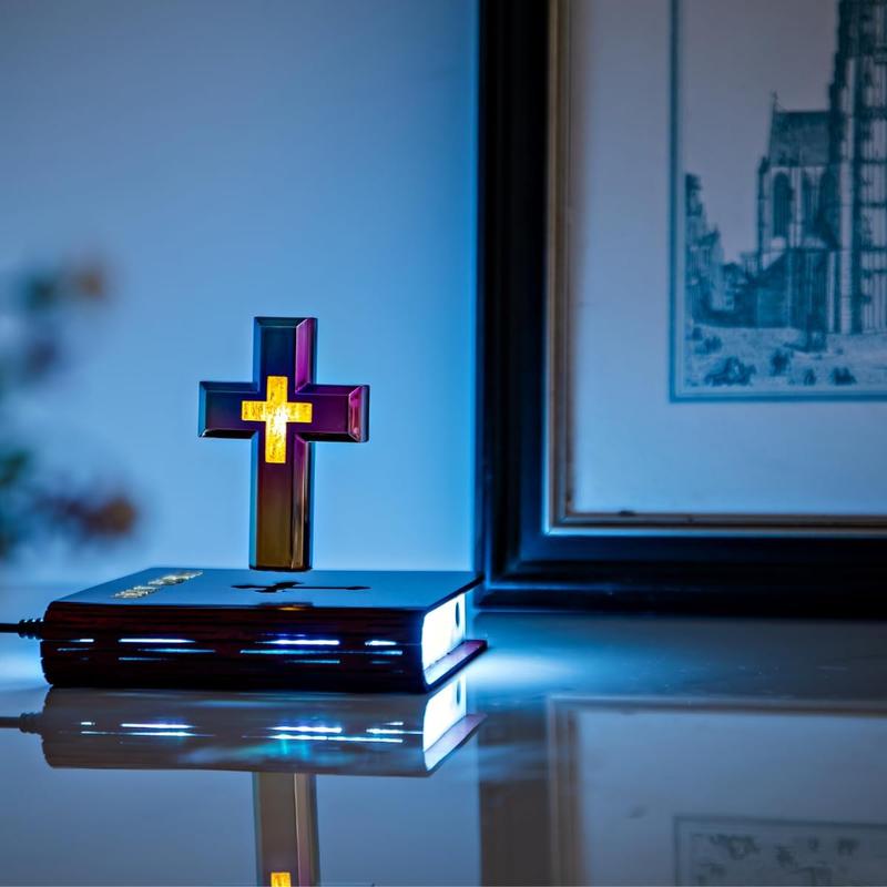 Handmade Levitating Cross Lamp, Levitating Cross Lamp Bible, Lighted Base Levitating Cross Decoration, Christian Home Decor (Book Base)