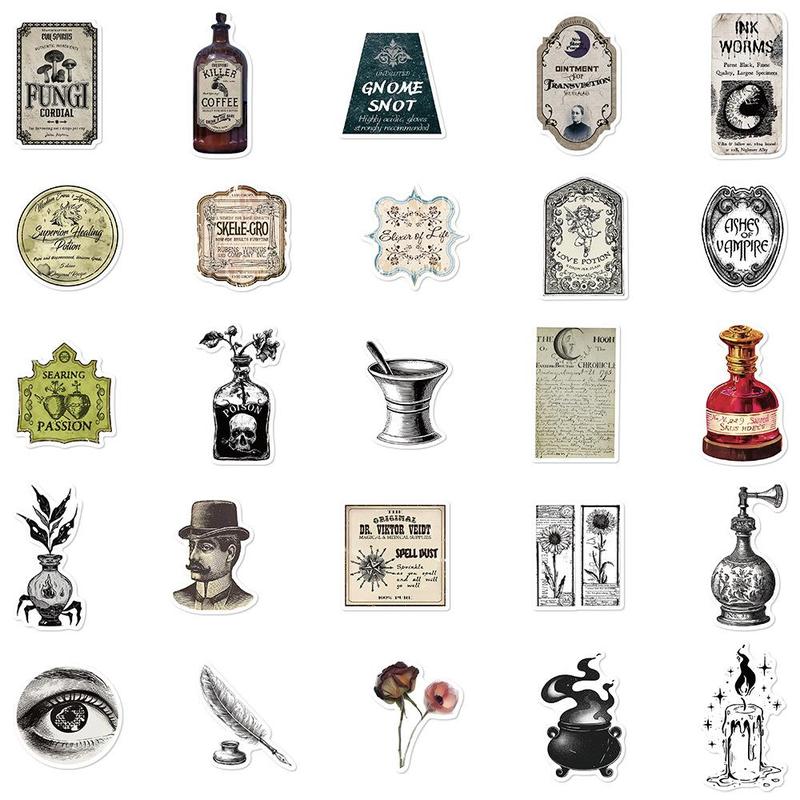 Vintage Pharmacist Series Sticker, 50pcs Waterproof Self Adhesive Decor Sticker with Box, DIY Decals for Gift Greeting Card Water Bottle Laptop Phone