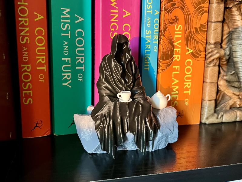 Spill the Tea Bookshelf Decor - Seated Hooded Ghost Figurine with Tea Cup and Tea Pot - 3D Printed Bookshelf Decor - Full Color