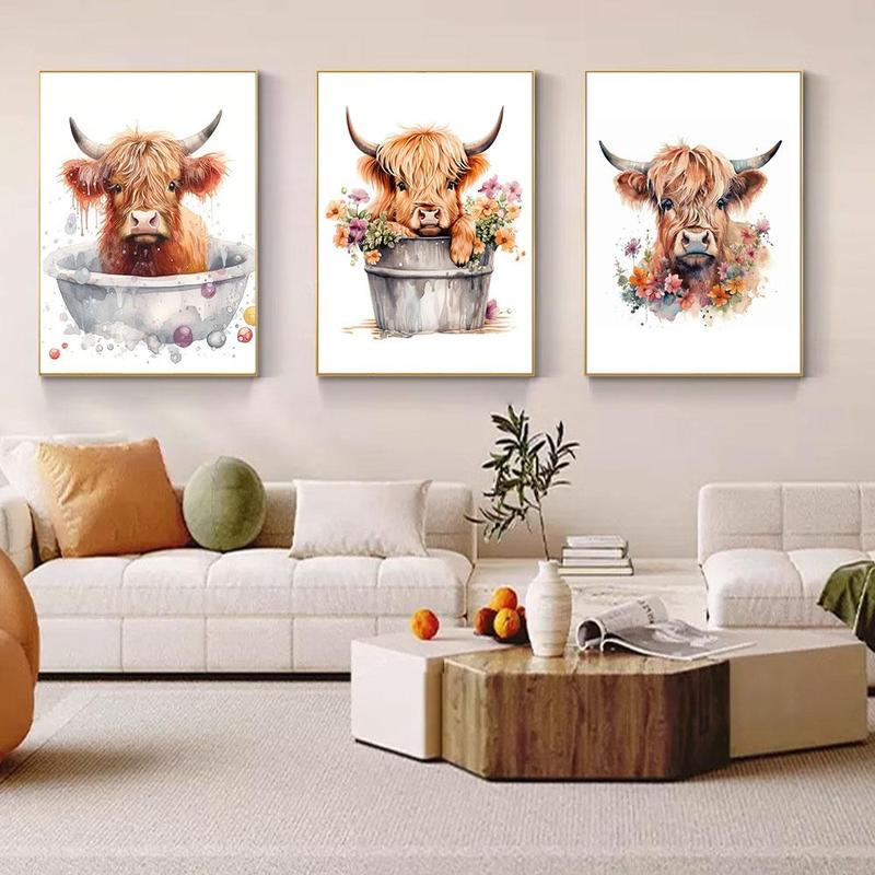 Highland Cow Bathing Pattern Unframed Painting, 3 Counts set Modern Canvas Wall Art, Wall Decor for Home Living Room Bedroom Study Room