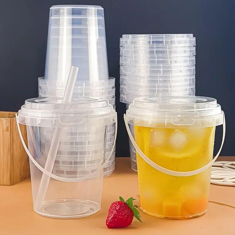 1000ml Large Capacity Disposable Fruit Juice Cup, 10 Sets Clear Fruit Juice Drink Cup with Lid & Handle & Straw, Drinking Cup for Home Party Picnic