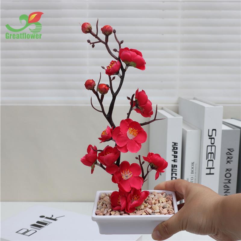 Artificial Plum Blossom & Potted Plant, 1 Count Elegant Simulation Plant Decoration, Small Desktop Faux Bonsai For Home Decor