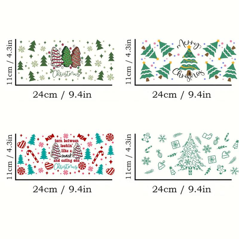 Christmas Festival Theme Tree Pattern Sticker, 4 Counts set Waterproof UV DTF Transfer Sticker, DIY Decorative Sticker for 16oz Cup