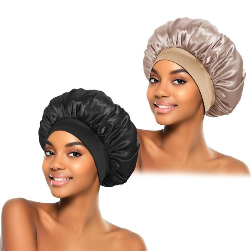 2Pcs Silk Bonnet for Sleeping, Satin Hair Bonnets, Soft Elastic Band Silk Sleep Cap, Silk Hair Wrap for Curly Hair (Black Gold)Shower(Creative Life Pavilion)