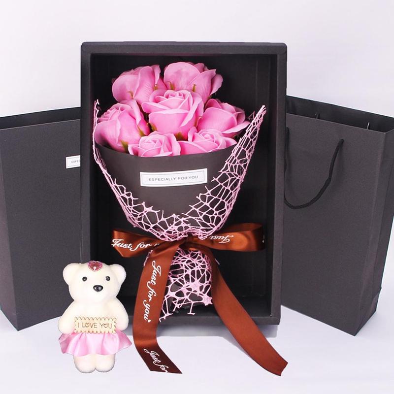 Creative Bouquet Gift Box, 1 Count Purple Artificial Rose Gift Box with Bear & Gift Bag, Birthday Gift for Girlfriend, Wife, Friend, Family