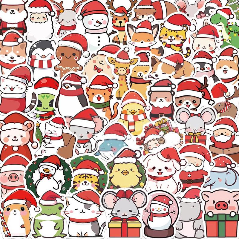 Cute Cartoon Animal Pattern Sticker, 50pcs set Creative Christmas Themed Sticker, DIY Decorative Sticker for Stationery & Computer & Water Bottle