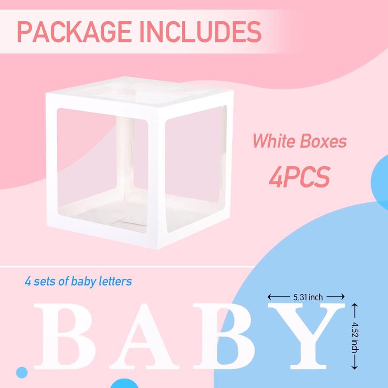 Baby Boxes with 4 PCS Letters for Baby Shower White Clear Balloon Box Blocks Gender Reveal Decorations and Birthday Party (White)