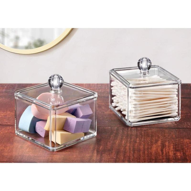 Modern Square Qtip Holder Acrylic Bathroom Vanity Countertop Storage Organizer Canister Jar for Cotton Swabs, Rounds, Balls, Makeup Sponges, Bath Salts - 2 Pack - Clear(Creative Life Pavilion) Bottles Tin