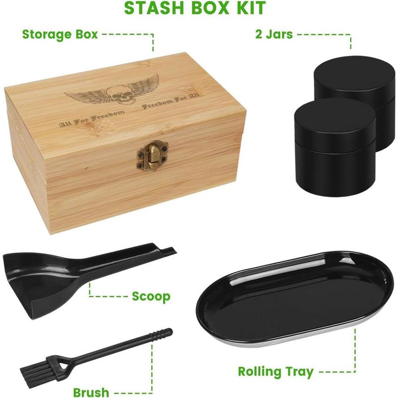 EZ Stash Box | Premium Bamboo Stash Box Combo Kit with 2 Jars, Tray Set, and 5 Small Bags - Engraved Decorative Box with Buckle