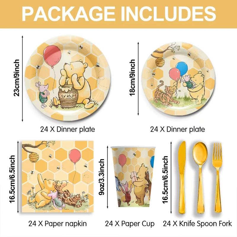 168pcs Winnie Baby Shower Party Decorations Tableware - Classic Winnie Baby Pooh Party Supplies Include Plates, Cups, Napkins, Cutlery, Winnie Welcome Baby Birthday Party Supplies, 24 Guests balloon tree lightup numbers