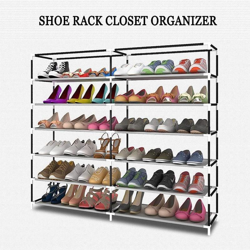 FCH 6 Tier Shoe Rack Organizer for 36 Pair Shoes, Double Rows 12 Lattices Free Standing Shoe Cabinet Storage Shelf Holder with Non-Woven Fabric Dustproof Cover, Large Portable Closet Shoe Tower, Gray