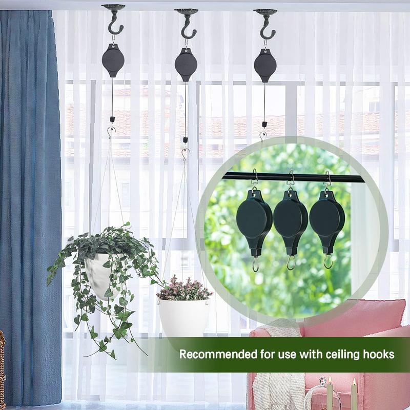 Sungmor Plant Pulleys 3PC Black Adjustable Plant Hangers, Indoor Outdoor Retractable Hanging Plant Hook, Telescopic Higher Lower Easy Reach Ceiling Hooks for Hanging Flower Basket Planter Bird Feeder