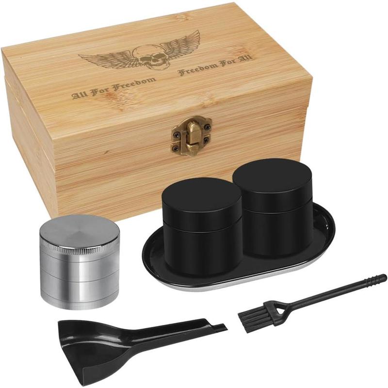 EZ Stash Box | Premium Bamboo Stash Box Combo Kit with 2 Jars, Tray Set, and 5 Small Bags - Engraved Decorative Box with Buckle