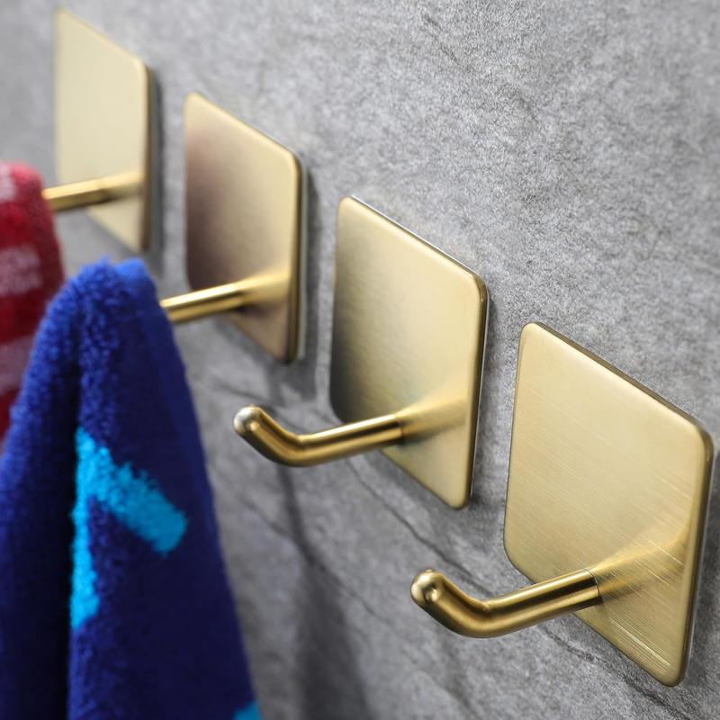 Adhesive Towel Hooks Bathroom Hook, Gold Self Adhesive Hooks Heavy Duty Coat Hooks 4-Packs, Non-Punching for Hanging Robes Clothes Hats Stick on Kitchen Bedroom Wall Door, Stainless Steel Organiser Smooth Waterproof Cushion Hangable Hangers