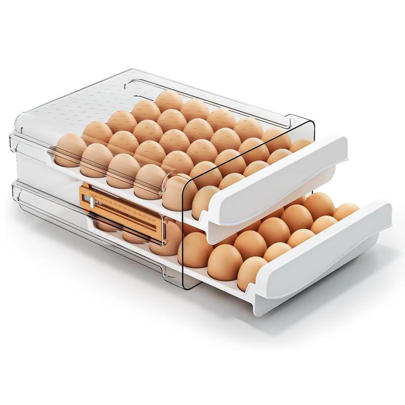 Egg Container for Refrigerator 60 Count, Large Capacity Egg Organizer for Fridge, Transparent Egg Holder 2 Tier Eggs Container with Timing Function