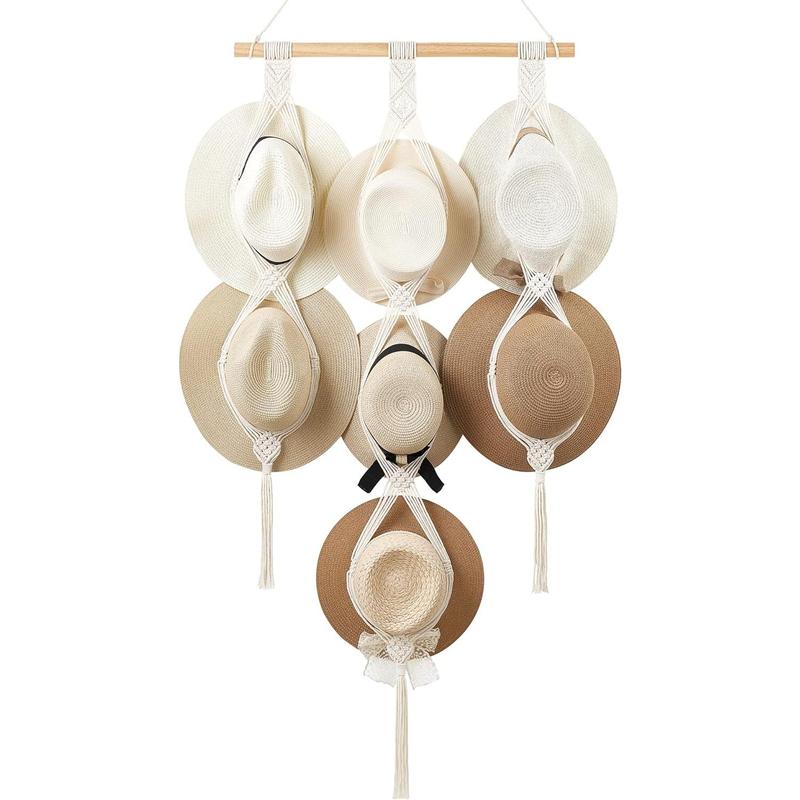 Macrame Hat Hangers Hat Rack for Wall Cowboy Hat Holder Organizer Display for Closet Hand Weaving Bobo Hanging Hat Organizer Storage for Wide Brim Hats Bowler Fedora Hats, 7 Hats Style