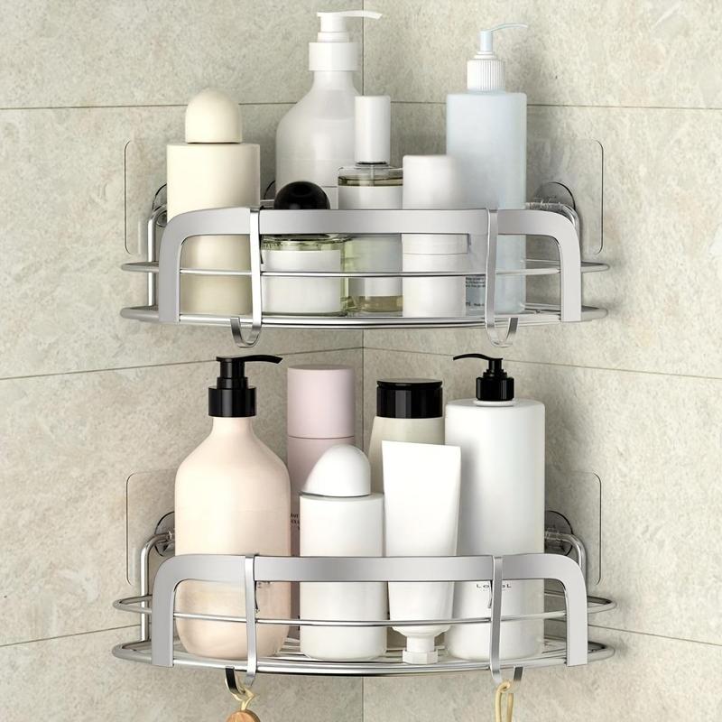 Shower Corner, Bathroom Corner Shower Shelfs, Wall Mounted Adhesive Shower Racks with 4 Movable Hooks, Bathtub Storage Shower Rack