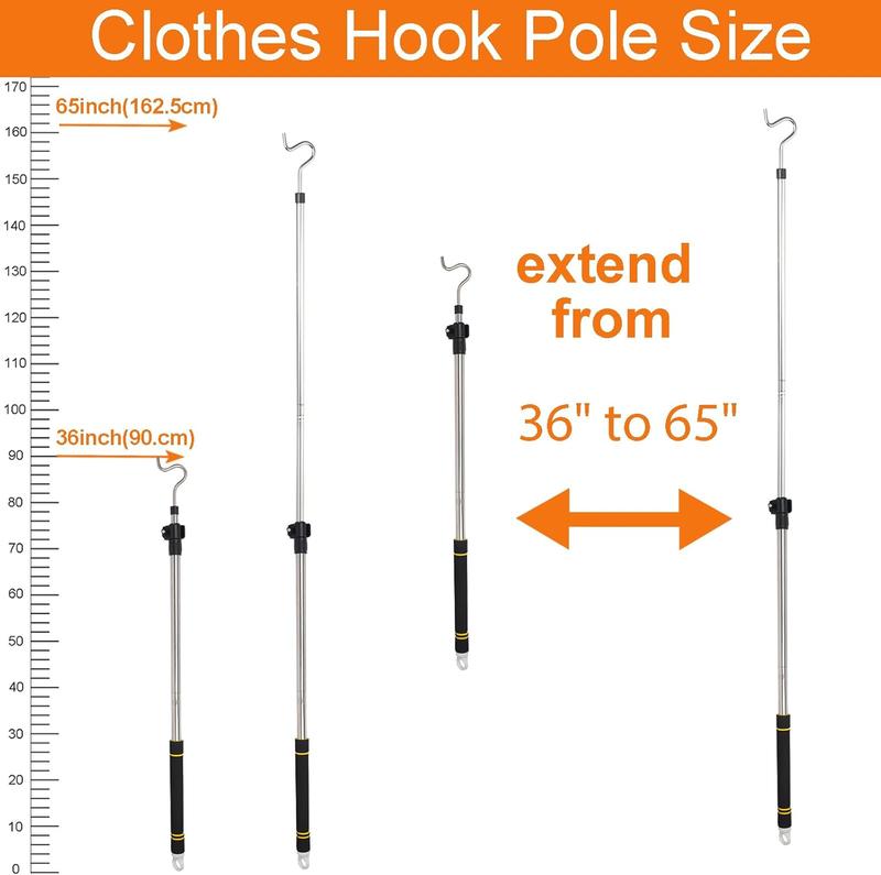 Clothes Hook Pole Heavy Duty,32 to 65Inch Closet Hanger Reaching Pole Telescoping Pole S Hooks for  Stainless Steels Pipe Sturdiness Lightweight Non-Slip Soft Sponge Handle Rod