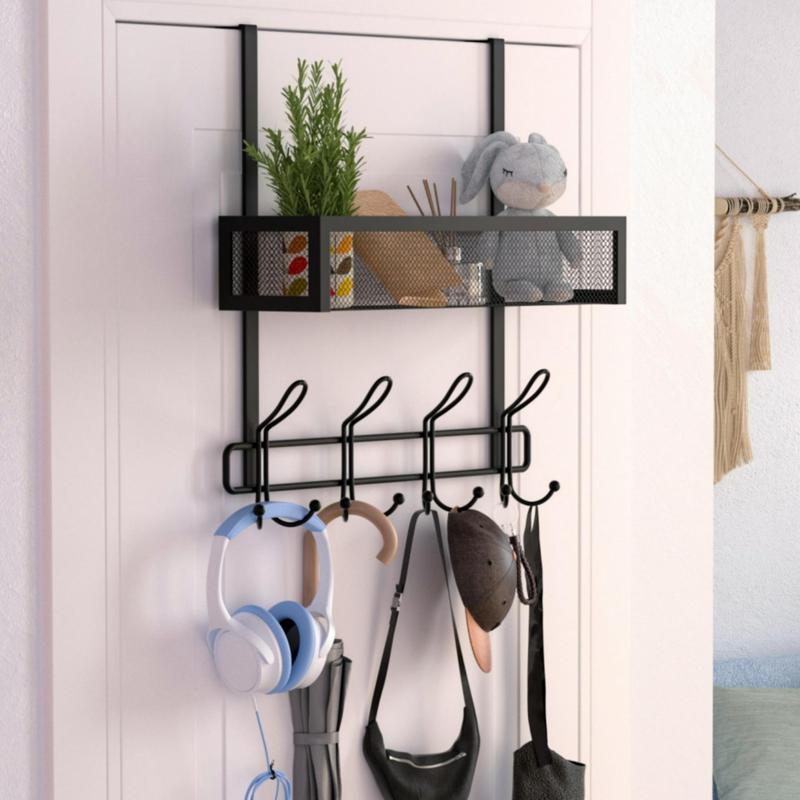 Over The Door Hooks Organizer, Multifunctional Wall Mounted Storage Rack with 12 Hooks & Mesh Basket, Home Organizer for Bathroom, Bedroom, Kitchen, Office, Hotel, Dormitory