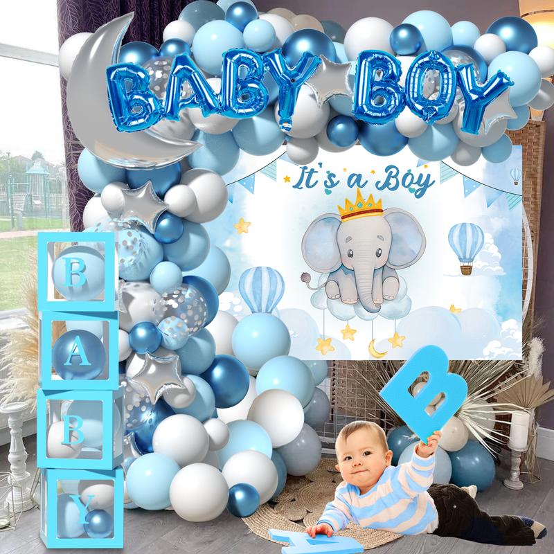 Baby Boy Shower Party Supplise Decor Includes Baby Boy Balloons Garland Arch Kit Confetti Foil Balloon Backdrop Tablecloth Photo Booth Props Blue Baby Boxs