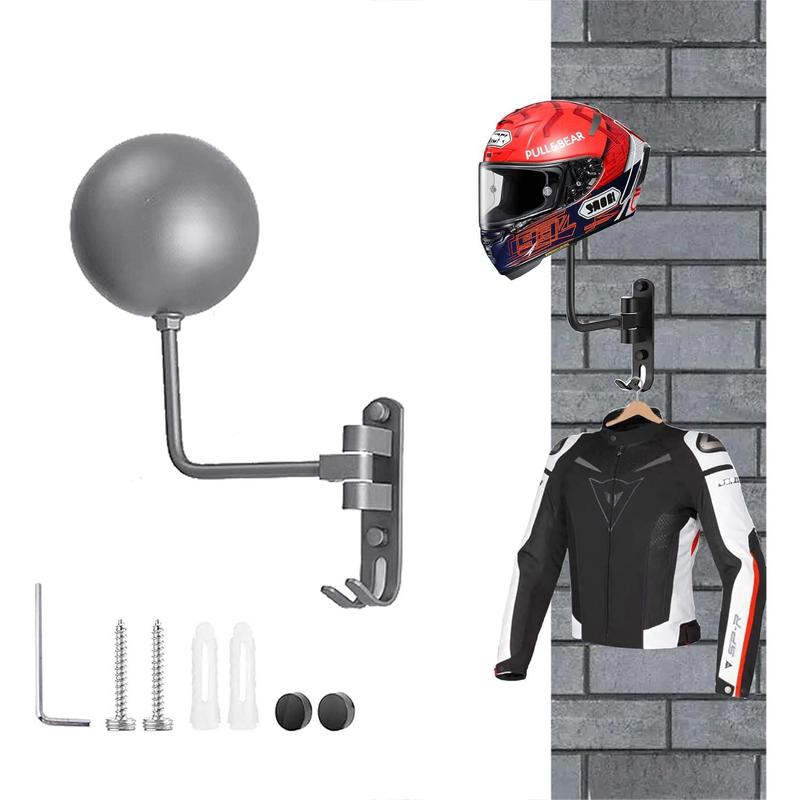 Helmet Rack, 180 ° Rotating Multifunctional Helmet Bracket Wall-Mounted with 2 Hooks for Hanging Any Helmet, Gloves, Backpack, Riding Clothes, Helmet Accessories Storage Gray