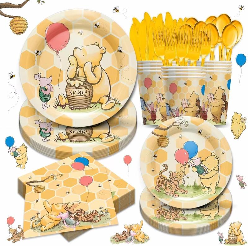 168pcs Winnie Baby Shower Party Decorations Tableware - Classic Winnie Baby Pooh Party Supplies Include Plates, Cups, Napkins, Cutlery, Winnie Welcome Baby Birthday Party Supplies, 24 Guests balloon tree lightup numbers