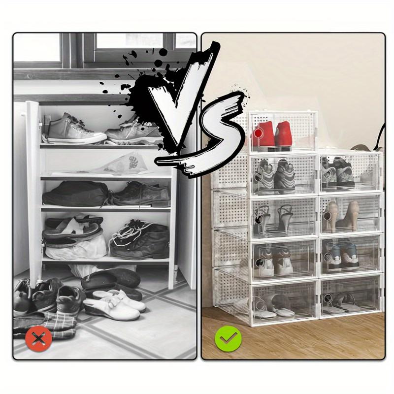 6 12 Pieces Thick Transparent Shoe Box with Lid, Foldable Stackable Free-Combination Shoe Rack, Plastic Sports Shoes Containers, Space-Saving Storage Organizer for Porch, Bedroom, Home, Dorm, Ramadan Decoration