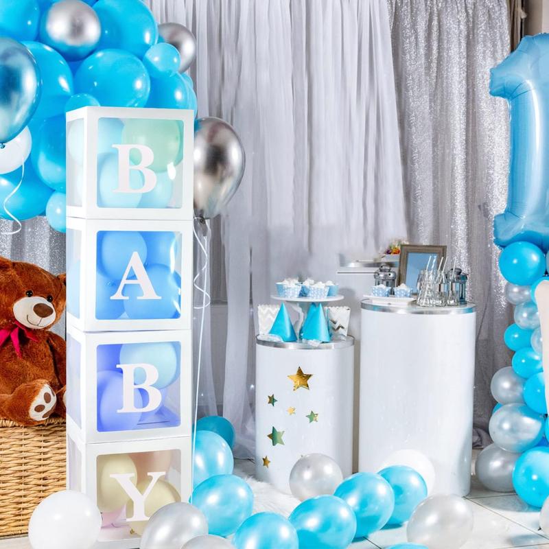 Baby Boxes with 4 PCS Letters for Baby Shower White Clear Balloon Box Blocks Gender Reveal Decorations and Birthday Party (White)