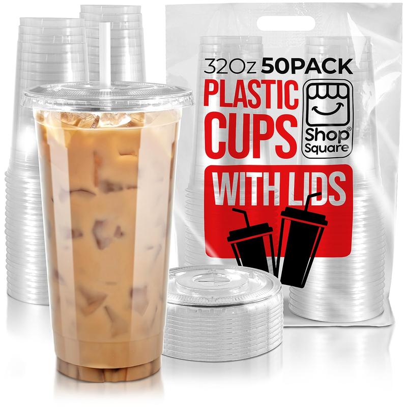 32 oz Plastic Cups with Lids (50 Pack) - Clear Plastic Cups for Iced Coffee, Boba, Milk Tea, Smoothies, and Fruit Shakes - Plastic Cups Disposable with Lids for Parties, Cafes, Restaurants