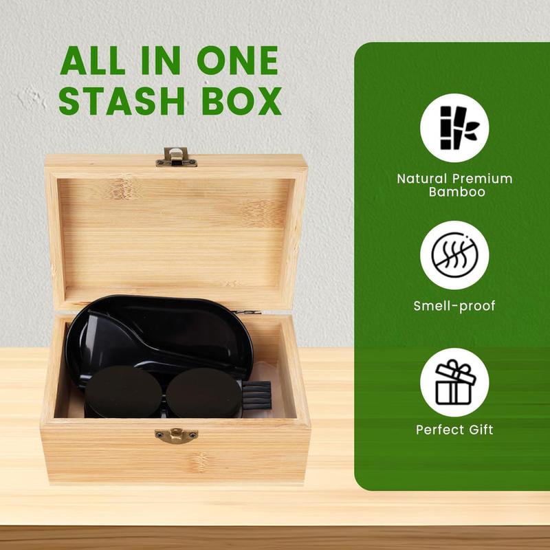 EZ Stash Box | Premium Bamboo Stash Box Combo Kit with 2 Jars, Tray Set, and 5 Small Bags - Engraved Decorative Box with Buckle