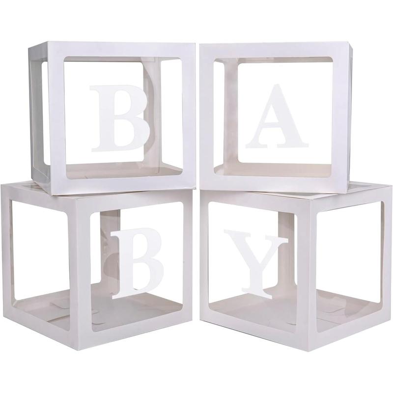 Baby Boxes with 4 PCS Letters for Baby Shower White Clear Balloon Box Blocks Gender Reveal Decorations and Birthday Party (White)