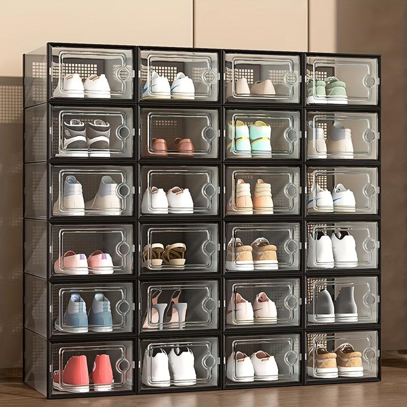 6 12 Pieces Thick Transparent Shoe Box with Lid, Foldable Stackable Free-Combination Shoe Rack, Plastic Sports Shoes Containers, Space-Saving Storage Organizer for Porch, Bedroom, Home, Dorm, Ramadan Decoration