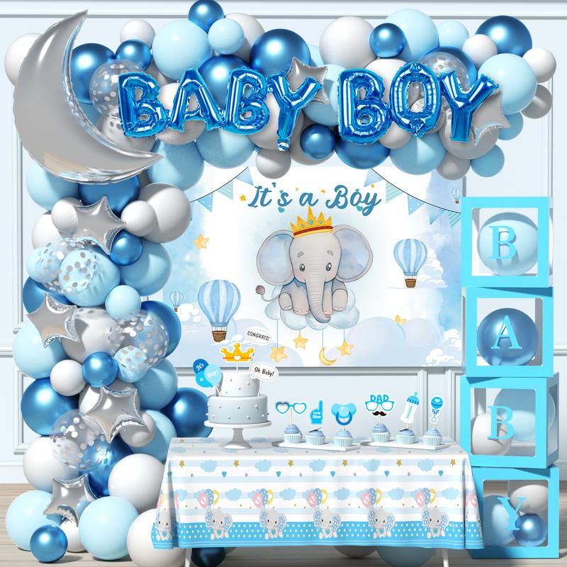 Baby Boy Shower Party Supplise Decor Includes Baby Boy Balloons Garland Arch Kit Confetti Foil Balloon Backdrop Tablecloth Photo Booth Props Blue Baby Boxs