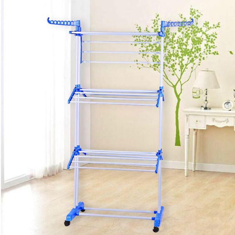 Laundry Drying Rack Movable Punch Free Good Load-bearing with 4 Wheels Expandable Drying Clothes Iron Foldable Rolling 3-Tiers multilayer drying rack Foldable towel hanging rack