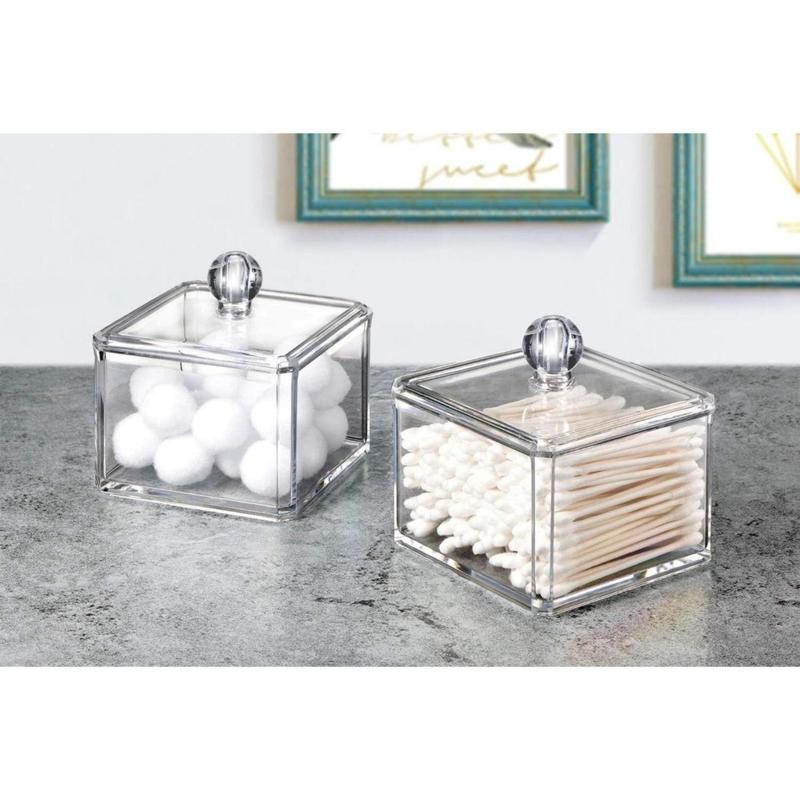 Modern Square Qtip Holder Acrylic Bathroom Vanity Countertop Storage Organizer Canister Jar for Cotton Swabs, Rounds, Balls, Makeup Sponges, Bath Salts - 2 Pack - Clear(Creative Life Pavilion) Bottles Tin