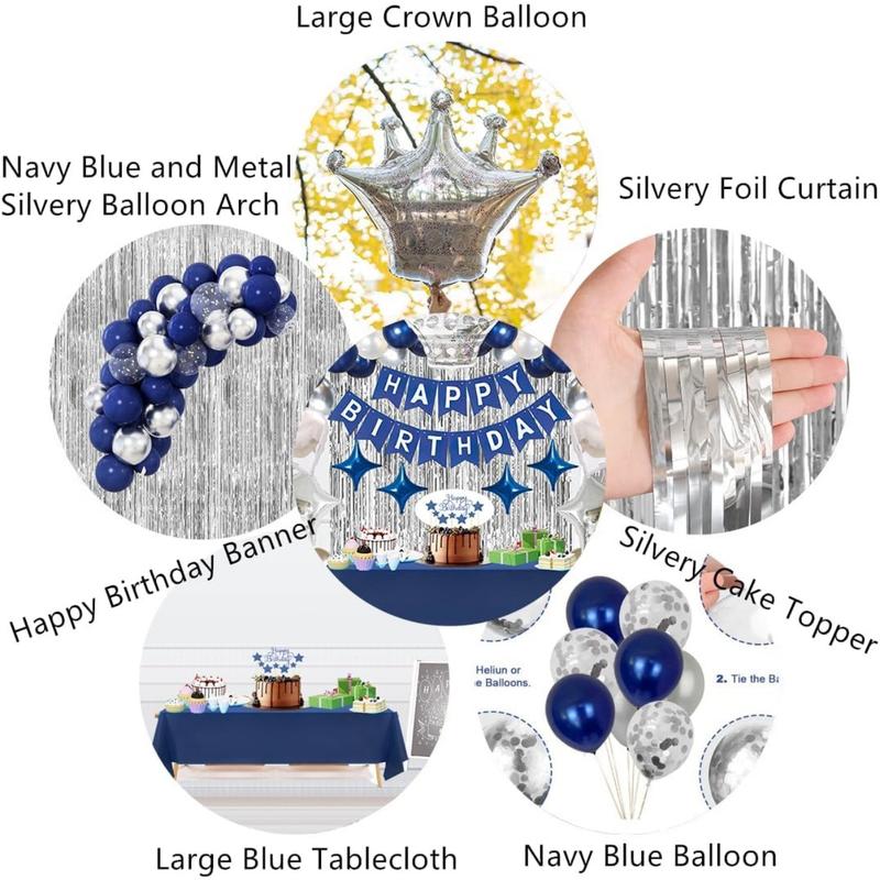 Navy Blue Happy Birthday Party Decorations Set for Men Boys Women Girls, Banner, Crown Balloon, Fringe Curtains,Cake Topper,tablecloth,Party Supplies