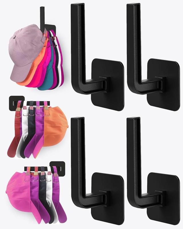 4-Pack Hat Rack for Convenient Storage, Versatile Hat Organizer with Sturdy Adhesive Hooks for Wall-Mounted Cap Display, Includes Two Installation Options, Sleek Black Design