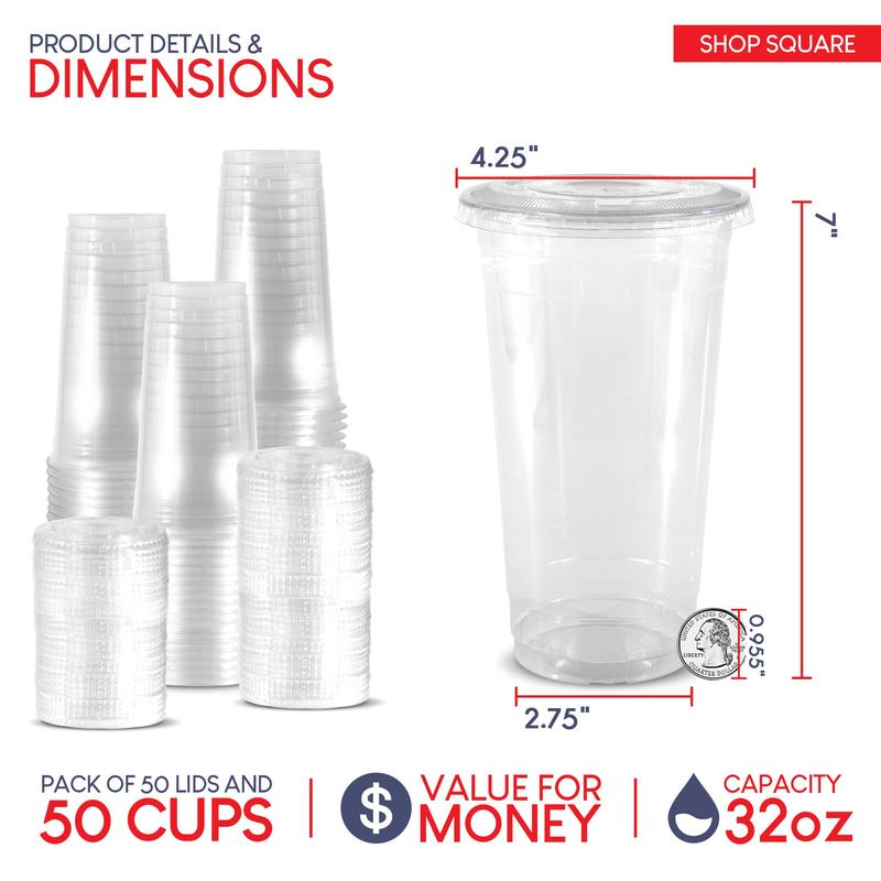 32 oz Plastic Cups with Lids (50 Pack) - Clear Plastic Cups for Iced Coffee, Boba, Milk Tea, Smoothies, and Fruit Shakes - Plastic Cups Disposable with Lids for Parties, Cafes, Restaurants