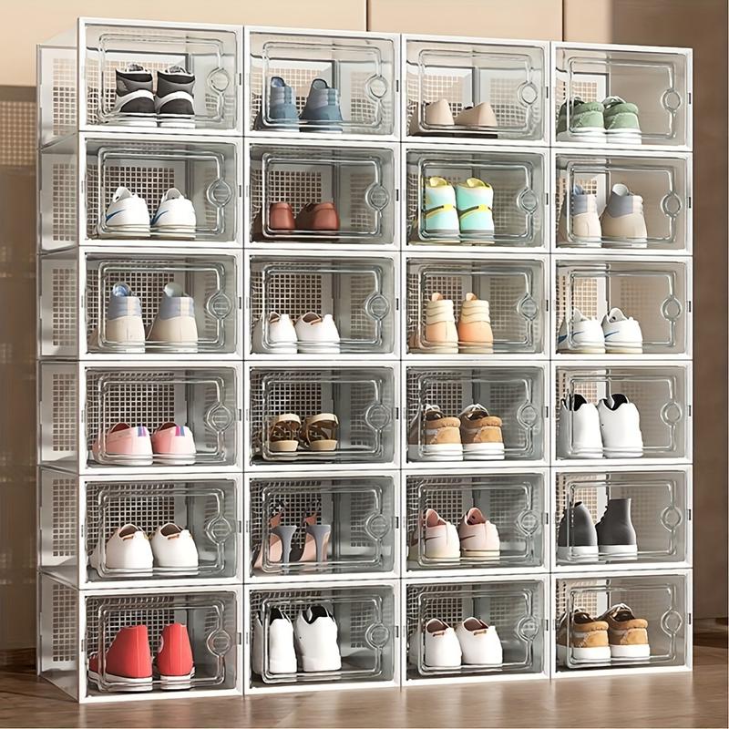 6 12 Pieces Thick Transparent Shoe Box with Lid, Foldable Stackable Free-Combination Shoe Rack, Plastic Sports Shoes Containers, Space-Saving Storage Organizer for Porch, Bedroom, Home, Dorm, Ramadan Decoration