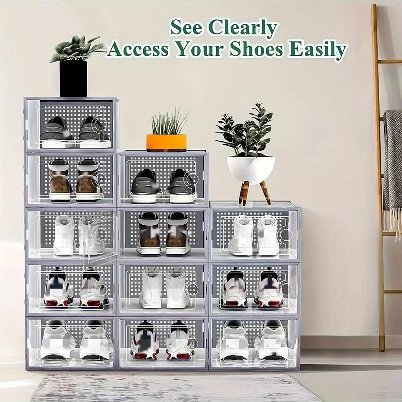 6 12 Pieces Thick Transparent Shoe Box with Lid, Foldable Stackable Free-Combination Shoe Rack, Plastic Sports Shoes Containers, Space-Saving Storage Organizer for Porch, Bedroom, Home, Dorm, Ramadan Decoration