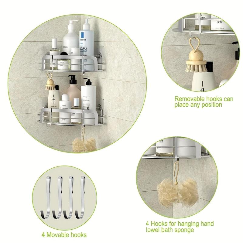 Shower Corner, Bathroom Corner Shower Shelfs, Wall Mounted Adhesive Shower Racks with 4 Movable Hooks, Bathtub Storage Shower Rack