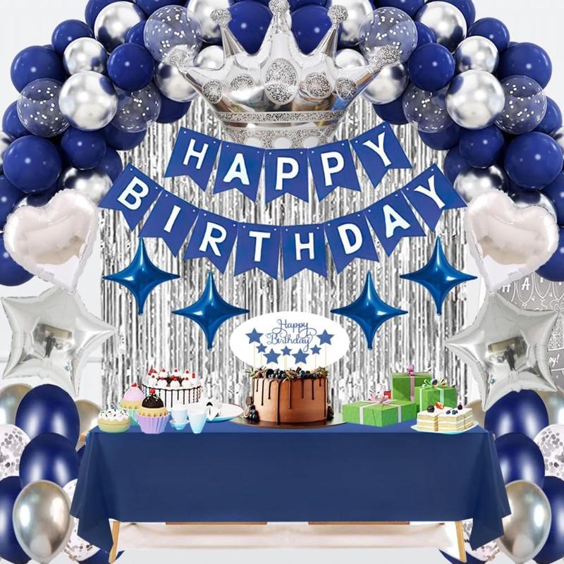 Navy Blue Happy Birthday Party Decorations Set for Men Boys Women Girls, Banner, Crown Balloon, Fringe Curtains,Cake Topper,tablecloth,Party Supplies