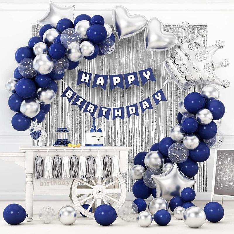 Navy Blue Happy Birthday Party Decorations Set for Men Boys Women Girls, Banner, Crown Balloon, Fringe Curtains,Cake Topper,tablecloth,Party Supplies