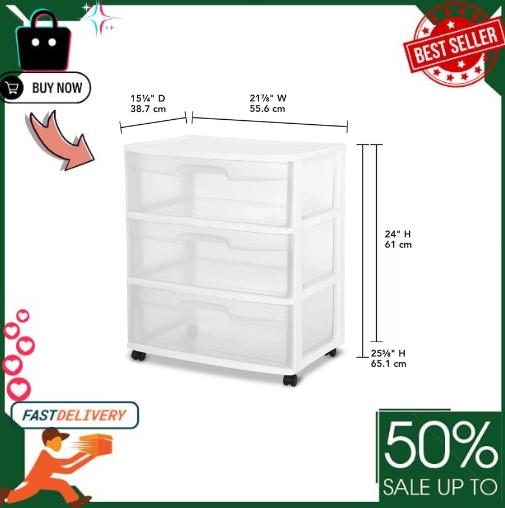 Sterilite 3-Drawer Wide Cart - Portable Storage Solution for Any Room of the Home