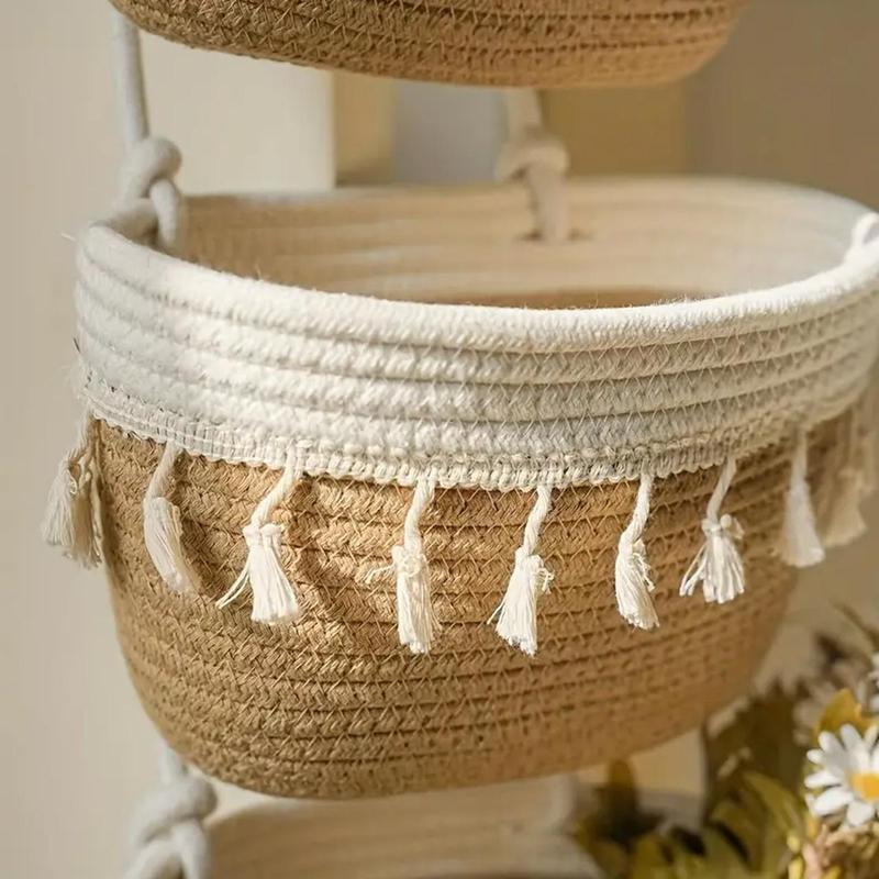 Boho Style Tassel Decor Hanging Basket, 1 Count Multi-layer Wall Mounted Storage Basket, Home Organizer for Living Room Bedroom Entryway