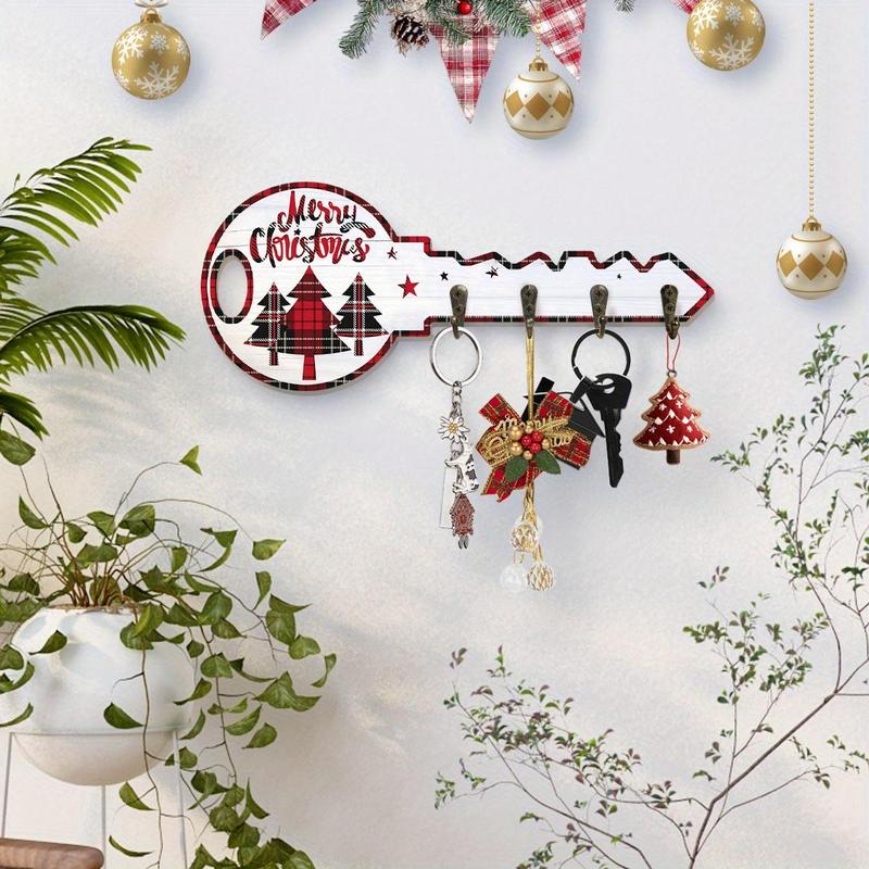 Christmas Themed Key Hanging Board with Hooks, 1 Count Plaid Design Tree & Letter & Star Pattern Wall Mounted Decoration,  Key Holder for Entrance Hallway Front Door