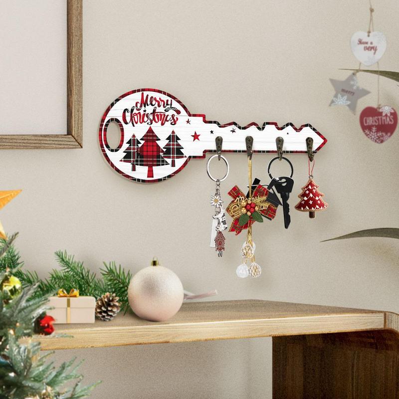 Christmas Themed Key Hanging Board with Hooks, 1 Count Plaid Design Tree & Letter & Star Pattern Wall Mounted Decoration,  Key Holder for Entrance Hallway Front Door