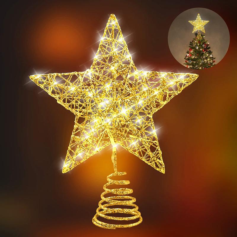 Christmas Star Tree Topper, Lighted Christmas Tree Topper, Hollow Gold Lighted Tree Star, LED Light Up Xmas Tree Topper, Christmas Tree Decorations