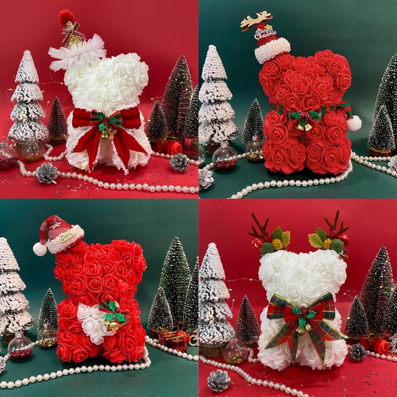 Christmas Themed Artificial Rose Bear Ornaments, 1 Count Cute Artificial Flower with Accessories, Party Gift and Supplies