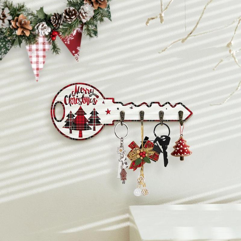 Christmas Themed Key Hanging Board with Hooks, 1 Count Plaid Design Tree & Letter & Star Pattern Wall Mounted Decoration,  Key Holder for Entrance Hallway Front Door